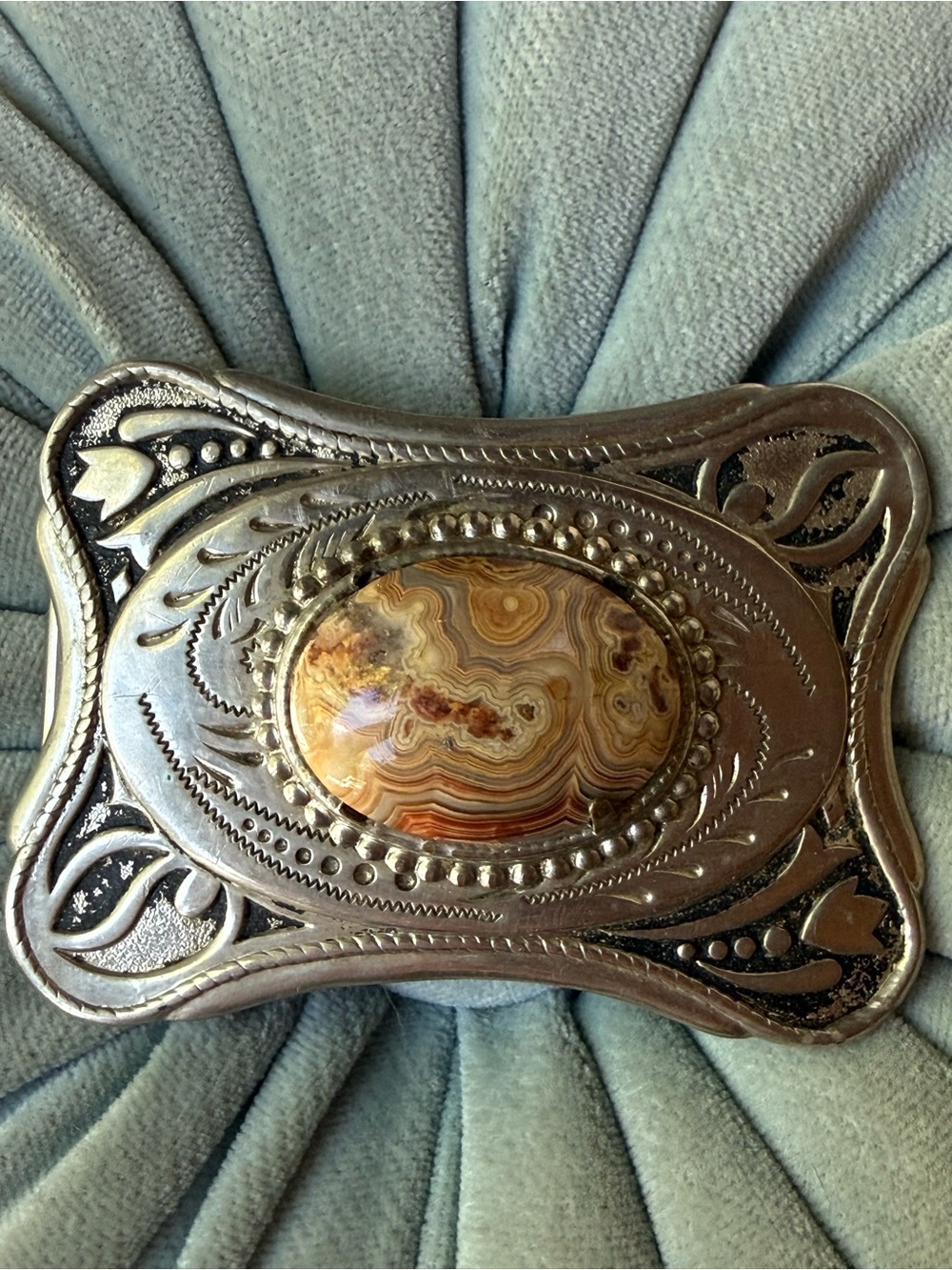 Vintage Silver Tone & Brown Polished Agate Stone Western Belt Buckle Unisex